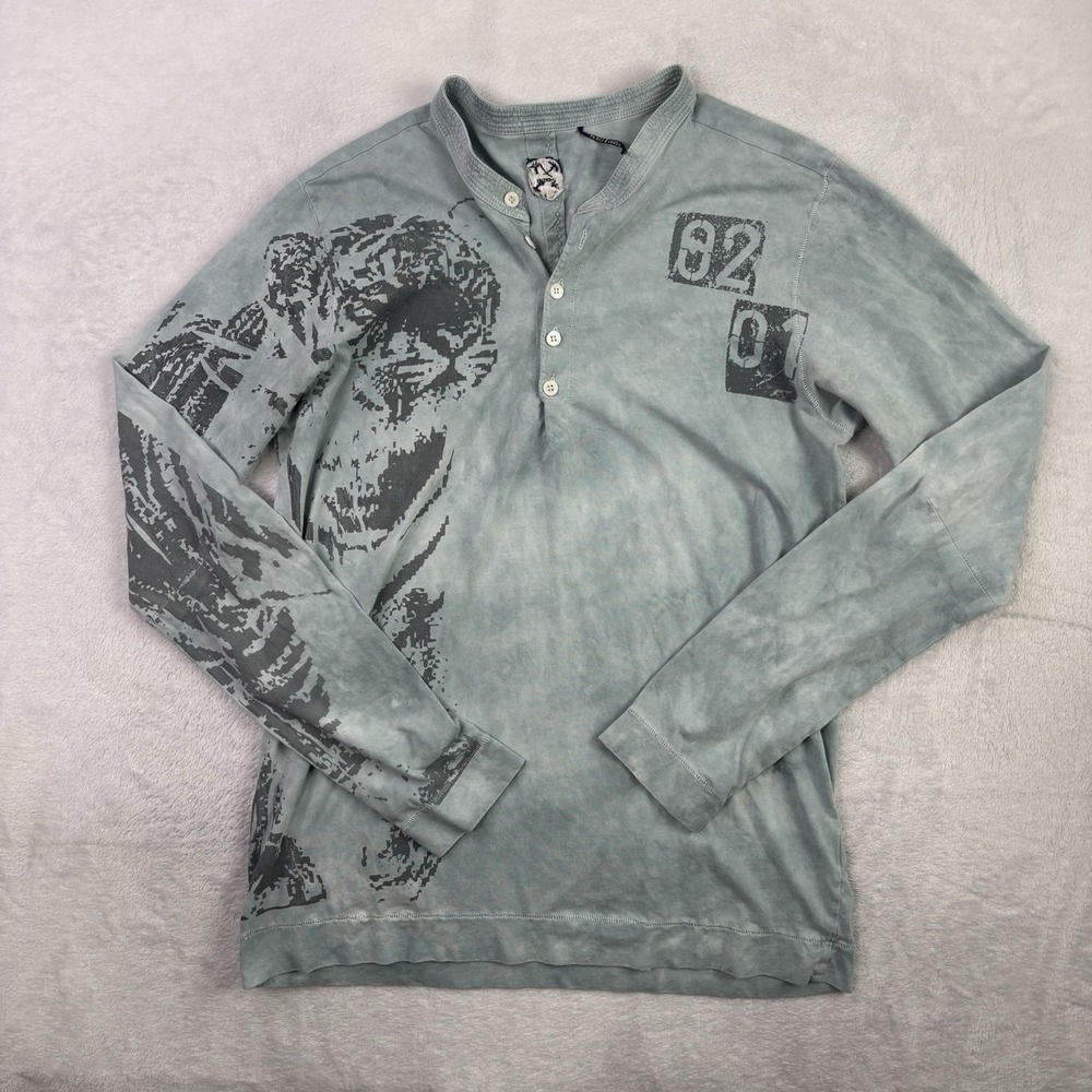Union Los Angeles Blue Long Sleeve Tiger Henley Graphic Shirt Men's Medium